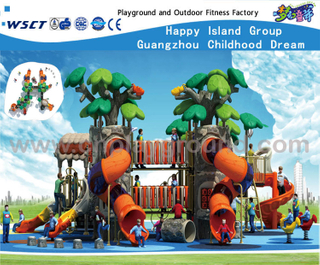 Green Tree House Castle Children Galvanized Steel Playground with Curvy Slide (HF-10902)